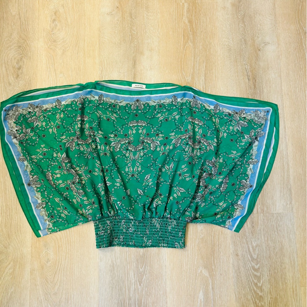 Flowy Cottage Green Patterned Scrunch Waist Elegant Feminine Women's Top - Picture 9 of 12